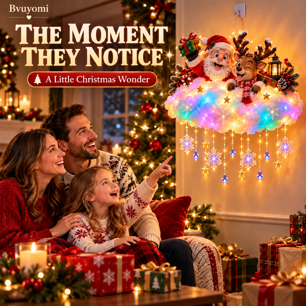 ✨ Santa & Reindeer Light-Up Christmas Cloud – A Holiday Story for Your Wall