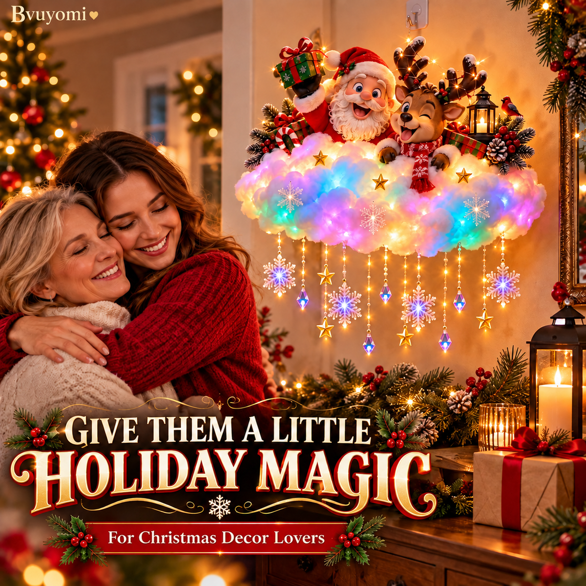 ✨ Santa & Reindeer Light-Up Christmas Cloud – A Holiday Story for Your Wall