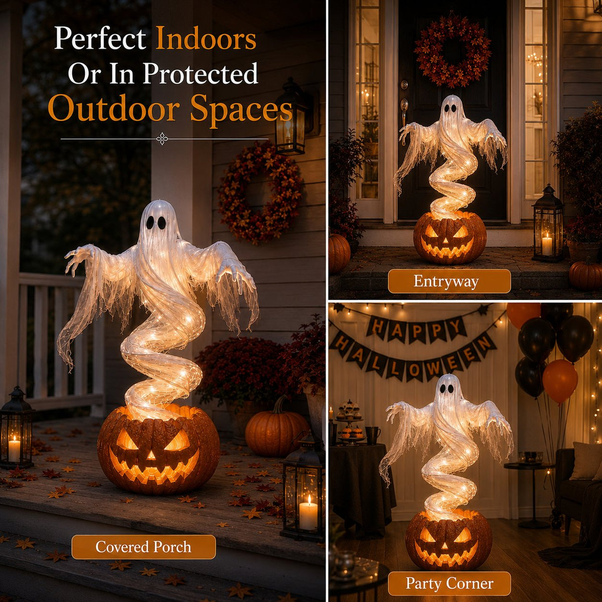👻 Swirling Ghost Pumpkin Yard Lamp –  Lighted Halloween Porch Decor 🎃