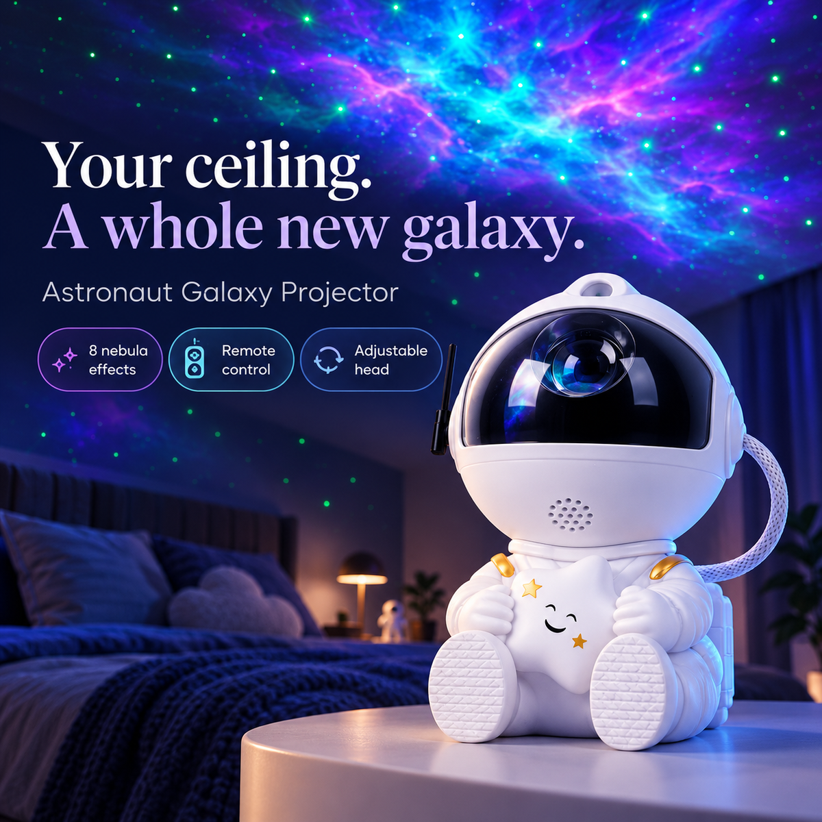 🧑‍🚀 Astronaut Galaxy Projector – Starry Room Light with Remote