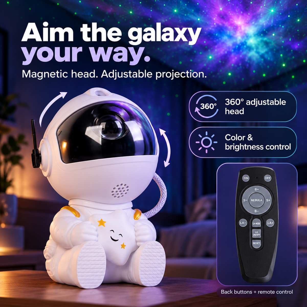 🧑‍🚀 Astronaut Galaxy Projector – Starry Room Light with Remote