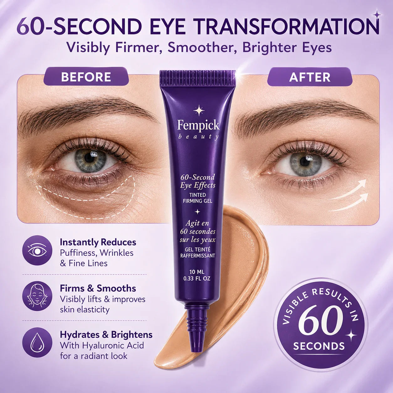 Fempick 60 Second Effects Tinted Firming Gel - Under Eye Cream For Puffiness And Bags Under Eyes