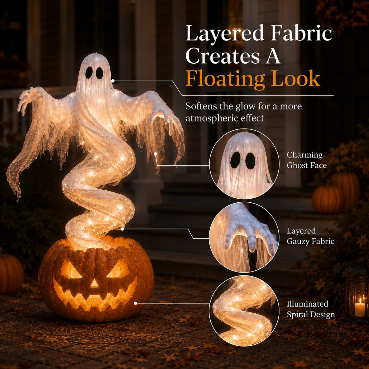 👻 Swirling Ghost Pumpkin Yard Lamp –  Lighted Halloween Porch Decor 🎃